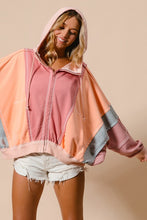 Marsala/Peach Raw Edge Color Block Washed Terry Zip Up Hoodie