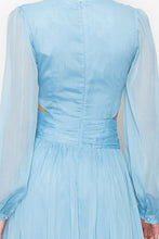 Blue Long Puff Sleeves Shimmer Fabric Side Cut-Out Maxi