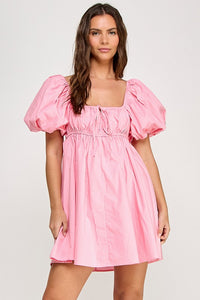 Pink Square Neck Bubble Sleeve Mini Dress