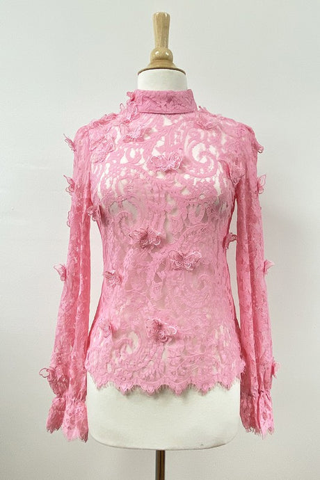 Pink Long Sleeve Mock Neck Butterfly Lace Blouse
