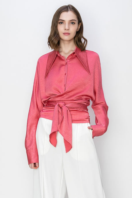 Coral Satin Wrap Cross Knot Detail Shirt Top