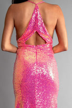 Pink Multi Color Sequin Halter Neck Deep V-Neck Keyhole