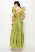 Green Cotton Ruffle Shoulder Tiered Sleeve Maxi Dress