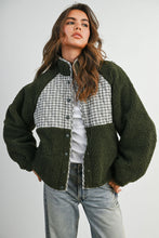 Olive Multi Quilted Plaid Sherpa Fleece Snap Jacket
