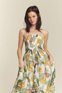 White Combo Leaf Print Smocked Tube Wide Leg Jumpsuit