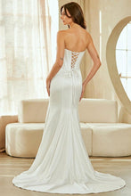 White Strapless Corset Evening Dress W/ Floral Applique