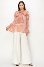 Mauve Shimmer Long Sleeve Neck Ribbon Button Down Top