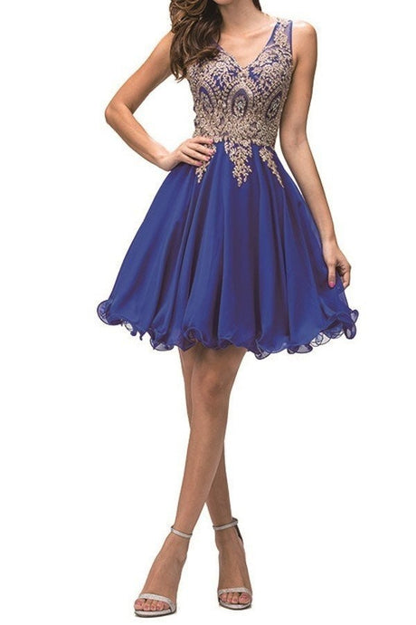 Royal Blue Short Dress Accented With Gold Lace