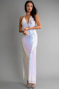 White Multi Color Sequin Halter Neck Deep V-Neck Keyhole