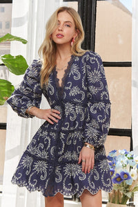 Navy Puff Sleeve Floral Dress