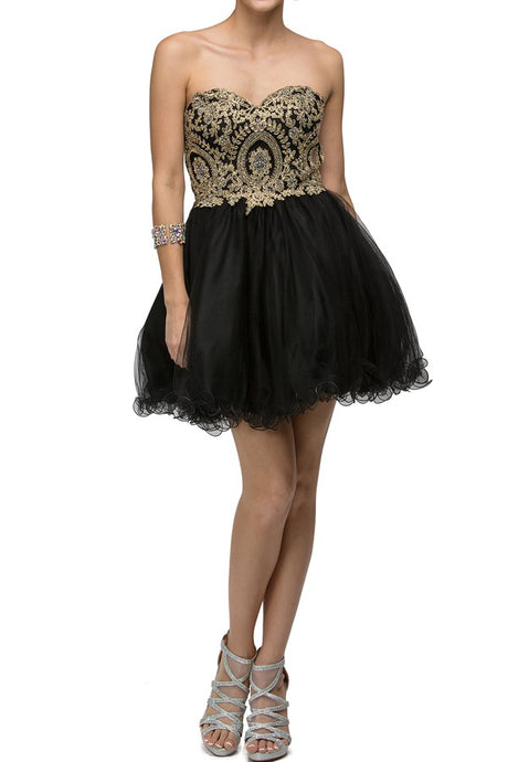 Black/Gold Corset Back Embellished Top Cocktail Dress