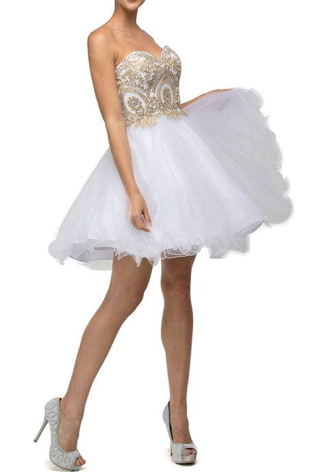 White/Gold Corset Back Embellished Top Cocktail Dress