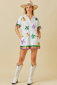 White Mardi Gras Sequin Trim Solid Romper