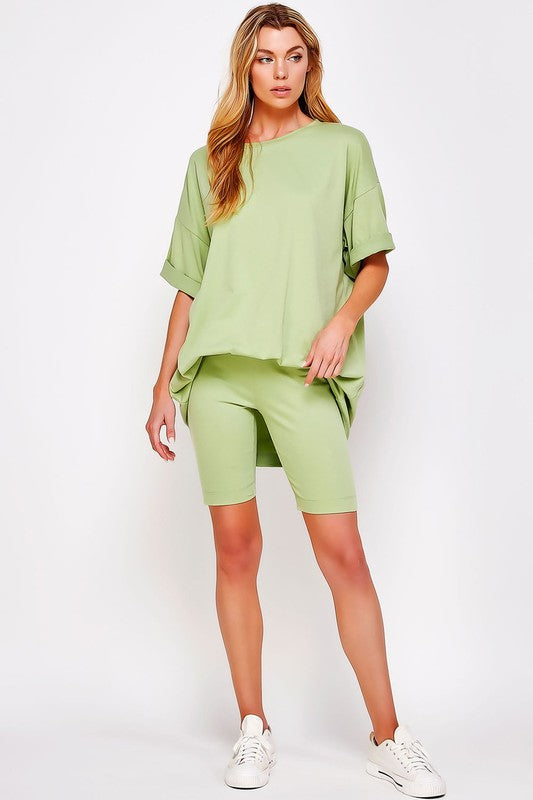 Foam Green Knit Oversize Tee Shirt An Shorts Casual Biker Set