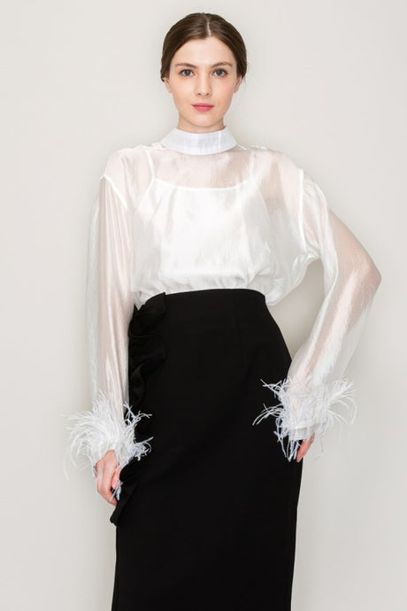 White High Neck Long Sleeve Sheer Feather Trimmed Blouse