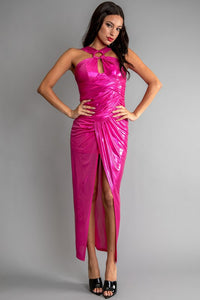 Fuchsia Women Shiny O-Ring Trim Keyhole Long Dress