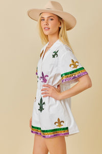 White Mardi Gras Sequin Trim Solid Romper