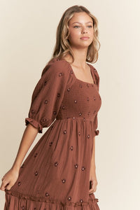 Chocolate Floral Embroidered Tiered Maxi Dress
