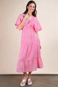 Pink Mineral Washed Elastic Neck Detail Midi Dress