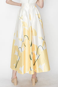 Yellow Flower Print Pleated Maxi Skirt with Waist Ribbon