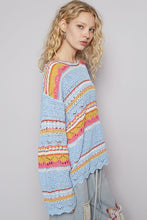 Blue Multi Round Neck Long Sleeve Striped Solid Sweater Top