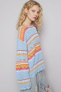 Blue Multi Round Neck Long Sleeve Striped Solid Sweater Top