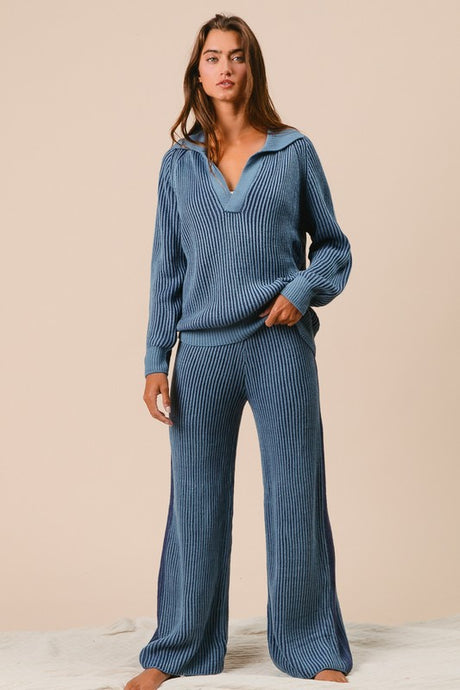 Denim/Navy Two Tone Rib Texture Sweater And Pants Set