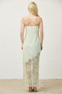 Lime Green Woven Solid And Lace Mixed Cami Maxi Dress