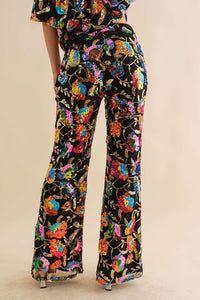Black Multi Sequin Flower Boots Cut Long Pants