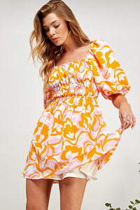 Orange Multi Open Tie Back Balloon Sleeve Sweatheart Dress