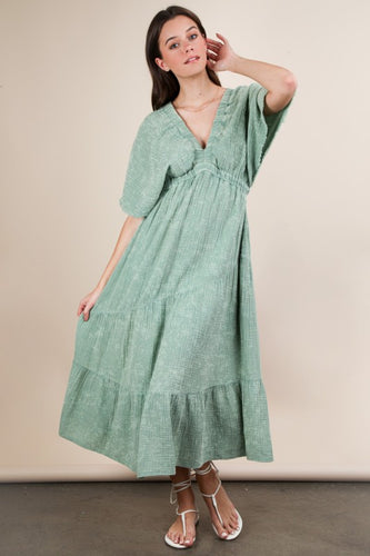 Sage Mineral Washed Elastic Neck Detail Midi Dress