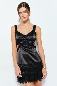 Black Satin Lace Trim Mini Dress With Back Bow