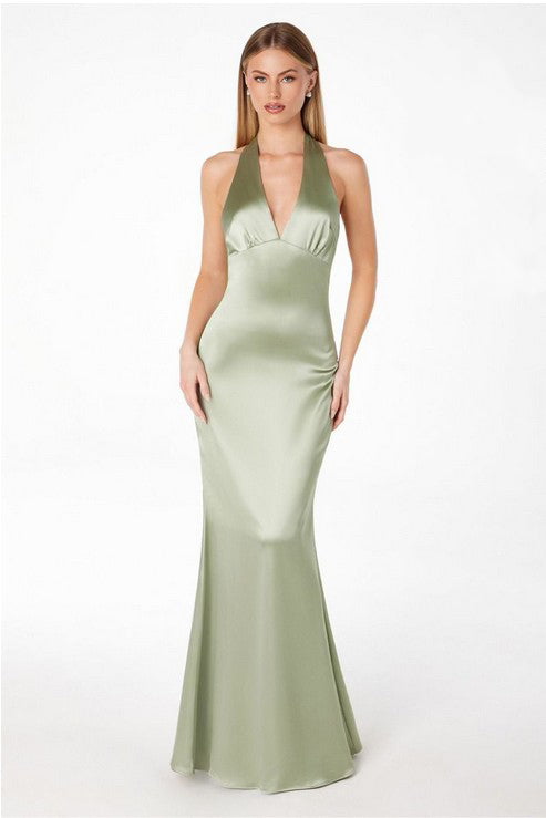 Sage Halterneck V-Neck Satin Gown