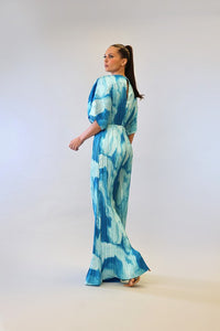 Blue Combo V-Neck Drop Shoulder W/ O-Ring Attached Pleated Jumpsuit