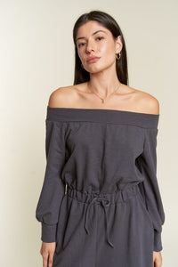 Dark Gray One Shoulder Terry Jumpsuit