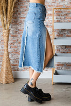 Med Wash Front And Back Slit Denim Long Skirt