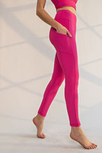 Neon Pink Plus Size Nylon Rib Yoga Leggings With Side Pocket