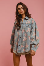 Floral Print Washed Denim Shacket With Side Pocket