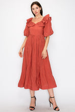 Clay Short Puff Sleeve Pleated Ruffle Trim Midi Dress