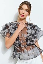 Black Sheer Floral Stripe Print Ruffle Blouse
