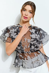 Black Sheer Floral Stripe Print Ruffle Blouse