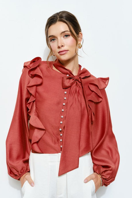 Spice Soft Wool Blouse With Bow Tie & Pearl Buttons