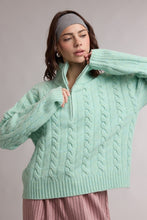 Mint Cable Knit Quarter Zip Cozy Sweater