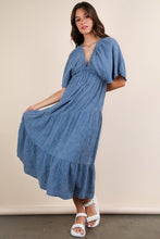 Denim Mineral Washed Elastic Neck Detail Midi Dress