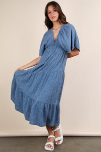 Denim Mineral Washed Elastic Neck Detail Midi Dress