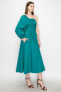 Teal Cotton Ruched Detail One Shoulder Dress