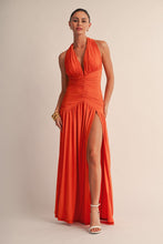 Orange Seraphina Ruched Mesh Halter Maxi Dress