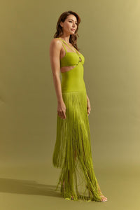 Citron Green Bandage Fringe Dress With Cutout
