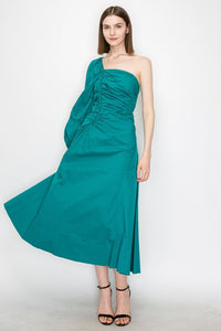 Teal Cotton Ruched Detail One Shoulder Dress