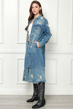 Med Wash Distressed Long Denim Jacket